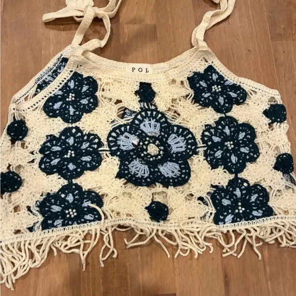 POL Cream and Blue Crochet Crop Top - Picture 1 of 6